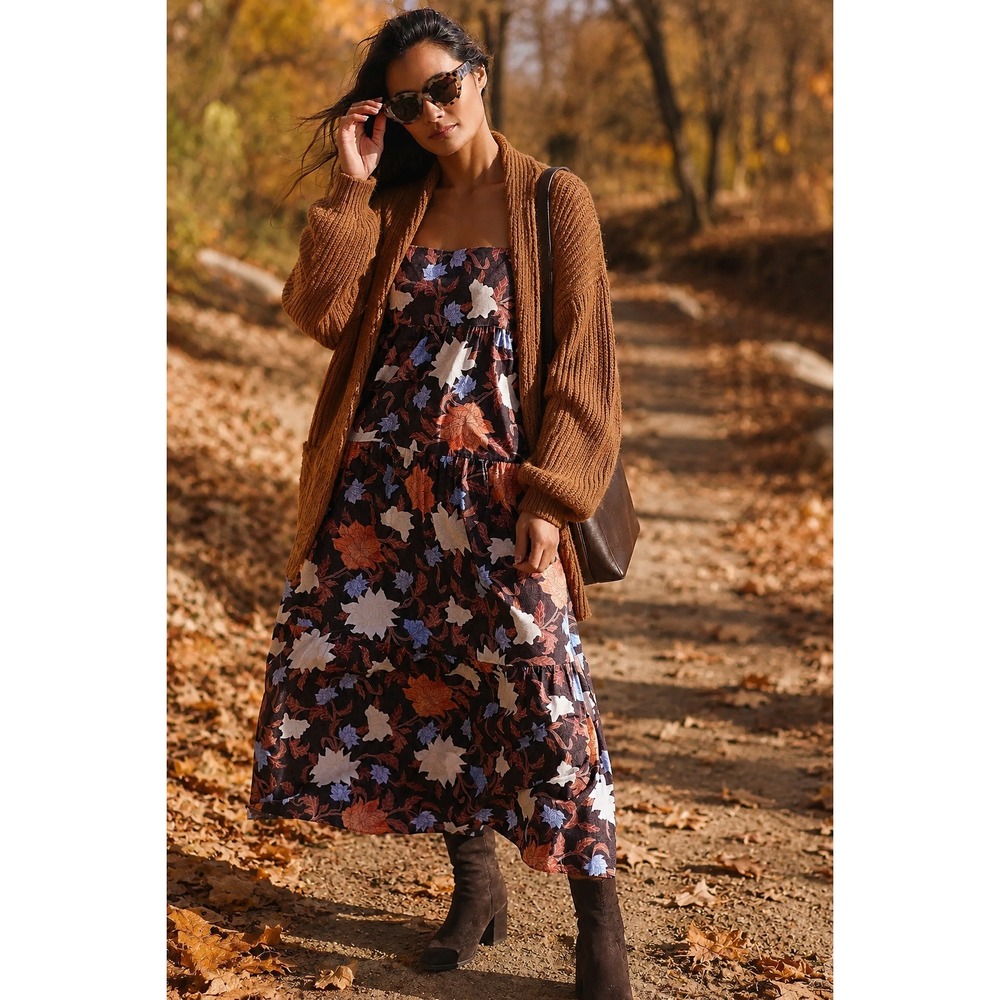 Seafolly Floral Cover-Up Maxi Dress Brown Orange Blue Cotton Tiered Small